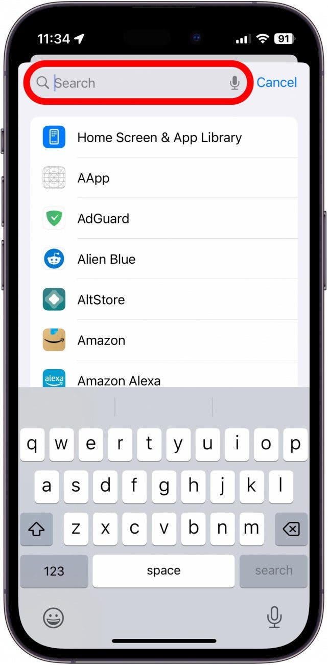 Captura de pantalla de iPhone por configuración de aplicaciones con barra de búsqueda en círculo en rojo